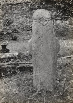 Colonsay, Riasg Buidhe.
View of well-head showing back view of early cross-shaped stone with 'head'.