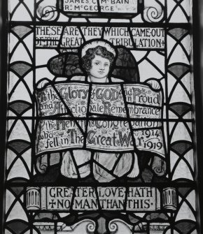 Detail of 1914-1918 War Memorial stained glass window originally in Crosshill Victoria Church.