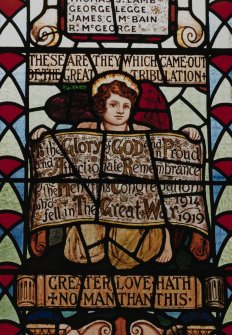 Detail of 1914-1918 War Memorial stained glass window originally in Crosshill Victoria Church.