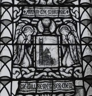 Detail of 1914-1918 War Memorial stained glass window originally in Crosshill Victoria Church depicting the Victoria UF Church with the dates 1864-1929