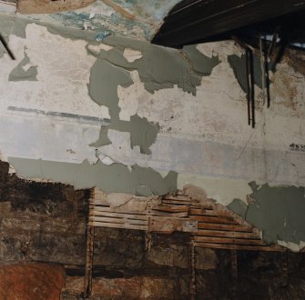 Interior of main church: East wall, detail of remnant of decoration 
Townhead and Blochairn Parish Church