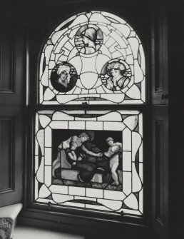 Glasgow, 6 Rowan Road, Craigie Hall, interior.
View of stained glass window on service stair.