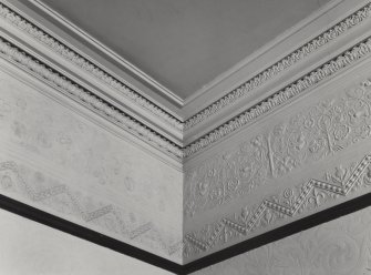 Glasgow, 6 Rowan Road, Craigie Hall, interior.
View of ceiling cornice and frieze in music room.