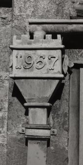 Duntrune Castle.
Detail of specimen rainwater head, date on head: '1957'.
