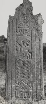 General view of East face of Early Christian Cross from St. Cormac's Chapel, Eilean Mor.