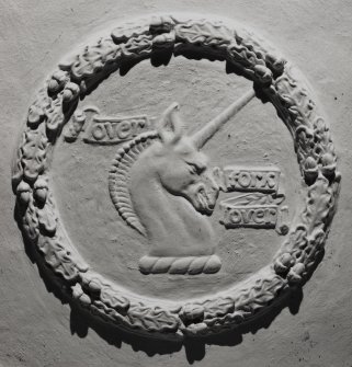 Dunderave Castle, Interior
Detail of ceiling with heraldic emblem in fourth floor chamber in South wing