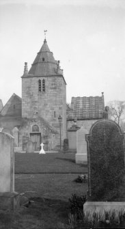 Edinburgh, Kirk Loan, Corstorphine Parish Church.
View of tower from West graveyard.