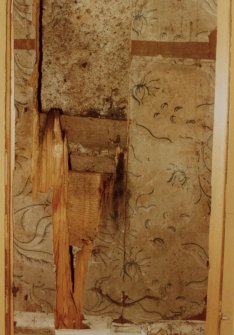 Glasgow, Auldhouse, 2 Auldhouse Court, interior.
View of original wallpaper in state of disrepair.
