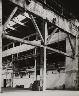 Glasgow, 13-23 Tradeston Street, Randolph & Elder Engine Works, interior.
View of strainer truss, gantry and central stanchion from North-West.