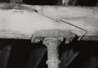 Glasgow, 13-23 Tradeston Street, Randolph & Elder Engine Works, interior.
View of East range westmost bay, detail of stanchion bearing plate and joggled scarfed joint between beams.