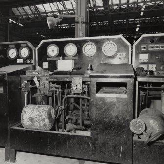 Glasgow, Springburn, St Rollox Locomotive Works, interior.
View of test for carriage controls and fittings.