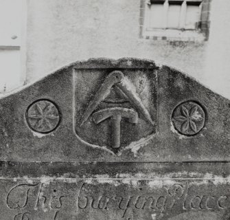 Detail showing pediment of headstone of John McArthur (1769).