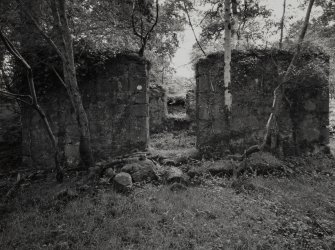 Furnace, Loch Fyne Powder Works.
View from South-EAst of ruins of pink granite rubble building to South of pond.