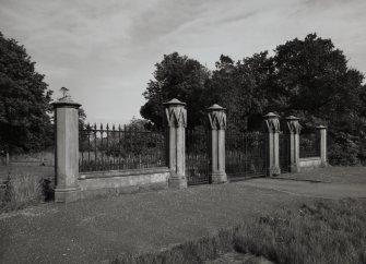 Photographic view of Arden House, South Lodge Gates and Gatepiers, view of the octagonal gate piers and railings from west