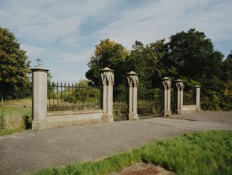 Photographic view of Arden House, South Lodge Gates and Gatepiers, view of the octagonal gate piers and railings from west