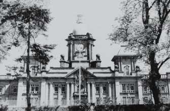 View of main entrance with clock tower from West.