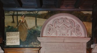 Interior.  Detail of mural and carving in N corridor.