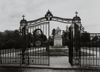 View of memorial through gates from South.