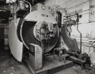 Boiler House: view from E of oil-fired Multipac boiler, made by John Thompson (Package Boiler Division), Lilybank Works, Glasgow (Patent No 861231, Job No 7931)