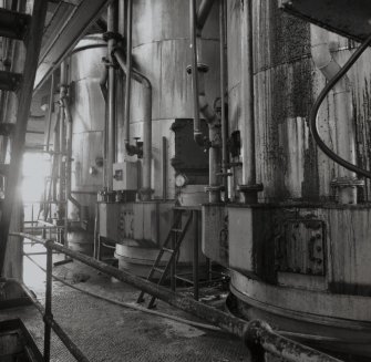 Interior view of Carbonation Plant Saturator Vessels through which flowed the limed Brown Liquor, and through which bubbled the gas containing the Carbon Dioxide.  The produced a Calcium Carbonate precipitate which removed gums, waxes and colourants from the Brown Liquor (T&L No.: 21183/5)