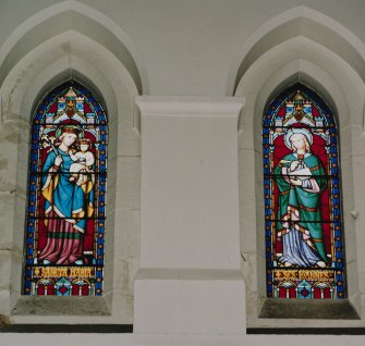 Detail of stained glass windows depicting SS Mary and Joan