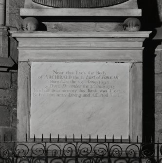 Interior.
Detail of inscription on the monument to the 2nd Earl of Forfar (d. 1715) in the South East corner of the chancel