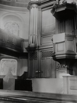Interior.  
View of pulpit and organ.