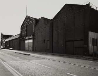 View from NW of N frontage of works (on East Hamilton Street), showing gable end of Assembly and Fitting Shops, photographed 10 August 1993