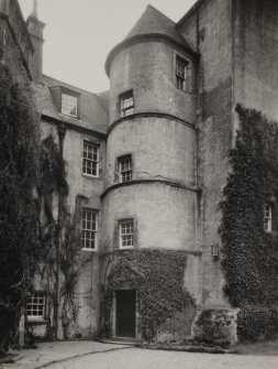 Cessnock Castle. View of turret and entrance from North.