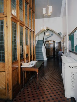 Interior. View of entrance lobby showing gallery stair