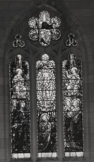 Interior. Chancel detail of stained glass windows of The Resurrection 1911 given in memory of Mrs Pollock-Morris  by Ballentine & Son Edinburgh