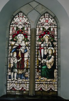 Interior. E aisle stained glass window by Ballantine & Co Edinburgh c. 1905 " Faith, Hope and Charity"
