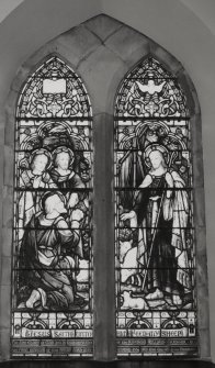 Interior. W aisle stained glass window by Ballantine & Co Edinburgh 1904 "The Good Shepherd"" Faith, Hope and Charity"