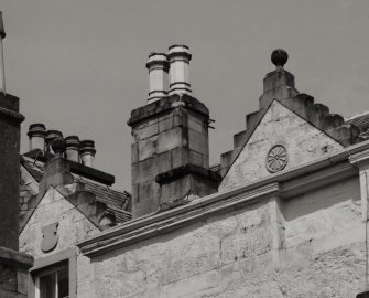 West front, crow stepped gables (topped by ball finials) and chimneys, detail