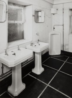 Main Offices: view of Executive Toilet, showing Shanks stall urinal and pedestal wash-hand basin (lavatory)