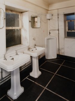 Main Offices: view of Executive Toilet, showing Shanks stall urinal and pedestal wash-hand basin (lavatory)