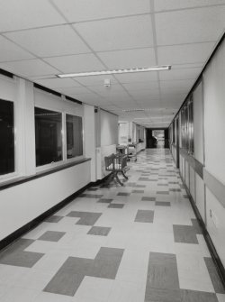 First floor, general view along corridor showing whole length of building, Bellshill Maternity Hospital.