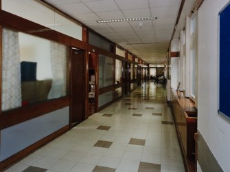 Fourth floor, general view of corridor with offices, Bellshill Maternity Hospital.