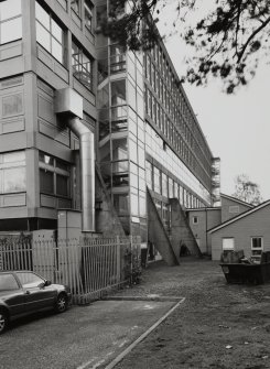 General exterior view of basement butresses on west front, Bellshill Maternity Hospital.