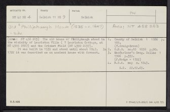 Philiphaugh House, NT42NE 4, Ordnance Survey index card, Recto