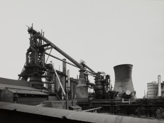 View of blast furnaces nos 1 and 2, blast furnace gas holder, stoves and cooling tower from N.