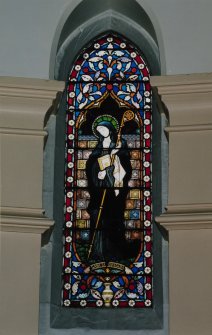 Interior. Chancel, detail of stained glass window to St. Bridget