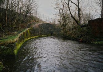 View of river embankment on Black Cart River at entrance to lade.