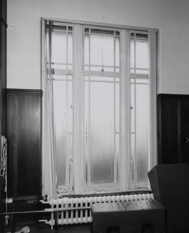 Interior. 1st floor. Gymnasium. Typical ertched glass window. Detail