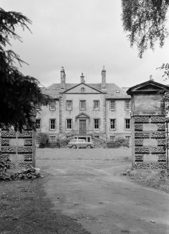 View of Newhailes House from south west through gatepiers.