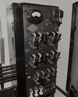 Main Control Cabin:  Detail of slate-fronted 'I Granic' electrical panel on W side of cabin, showing open switches