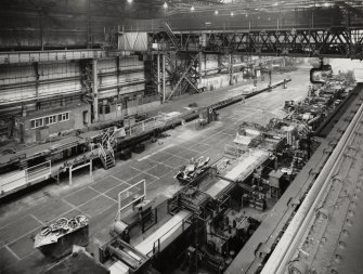 Interior.
View of high speed shear line, inspection line and stretch level, and Arrol gantry crane.