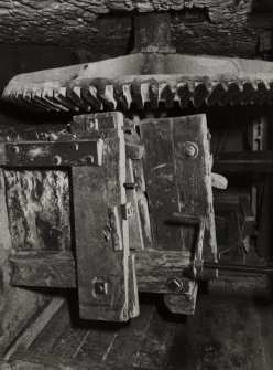 Interior.
Detail in gear cupboard showing wallower and upright shaft, and water wheel shaft bearing block.