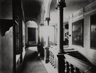 Copy of historic photographic view of corridor off stairway, Cortachy Castle.