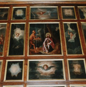 Interior.
Detail of painted ceiling panels in chapel.